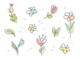 Vector set flowers, branches, leaves in simple minimalist continuous outline line style for logo, wedding design, greeting cards. Spring Summer floral collection. Hand drawn lines.