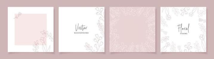 Minimalist abstract backgrounds in pink color with hand drawn line floral elements. Vector design templates for postcard, poster, business card, flyer, magazine, social media post, banner.