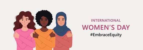 internacional De las mujeres día 2023, Campaña tema abrazar la equidad De las mujeres día vector ilustración.