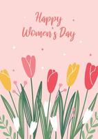 Happy Women's Day. Beauty  greeting card with floral background with tulips and spring flowers. Cute festive vector illustration for the celebration of March 8th.