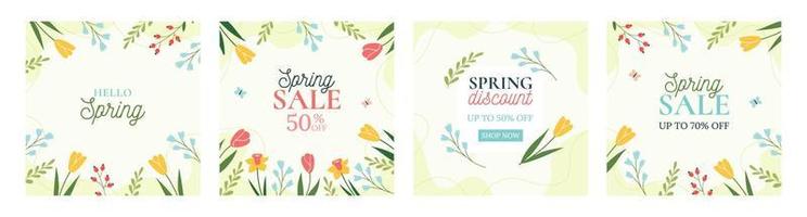 Spring backgrounds. Set of trendy green square backgrounds with spring flowers. Minimalistic style with floral elements. Vector template for a postcard, banner, invitation, social media post, poster.