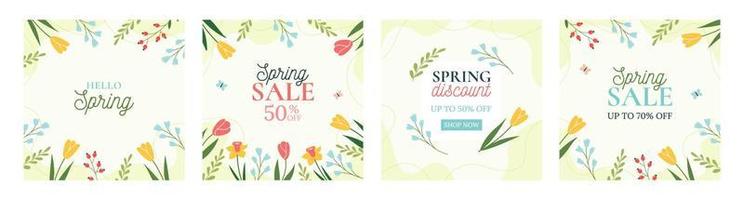 Spring backgrounds. Set of trendy green square backgrounds with spring flowers. Minimalistic style with floral elements. Vector template for a postcard, banner, invitation, social media post, poster.