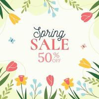 Spring Sale. Trendy floral green background. Minimalistic style with floral elements. Vector template for a postcard, banner, invitation, social media post, poster, mobile applications.