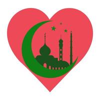 Green crescent and a mosque in a heart, a symbol of love for Islam and Allah vector