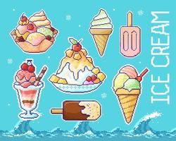 Retro pixel art of ice cream dessert on blue sea wave background vector