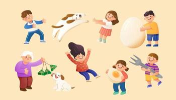 Cute illustrated Asian people celebrating Dragon Boat Festival. Character elements isolated on beige background. vector