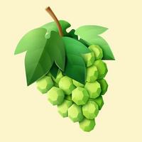 Bunch of white grapes with grapevine leaves. 3d creative paper cut design. Fruit element isolated on light yellow background. vector