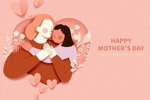 Minimal peach pink Mother's Day template in paper cut design. Young mother is cuddled by daughter. Concept of diverse family. vector