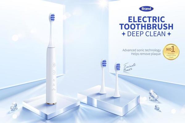 Creative electronic tooth brush ad template. 3d mock-ups displayed on glass cube stages with diamonds and walls in the background. Concept of teeth cleaning or whitening.