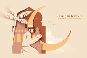 Islamic holiday template of a Muslim man praying salat or namaz with mosque silhouette in the background. Elegant and minimal paper cutting design. vector