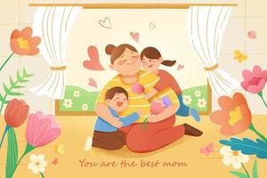 Hand drawn Mother's Day drawing of cute children hugging their mother at home. Concept of warm love. vector