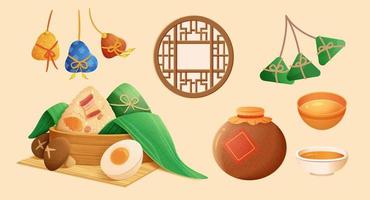 Cute illustrated Dragon Boat Festival food element set, isolated on beige background.