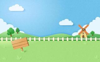 Rural farmland background with windmill, white fence and wooden board. Creative paper cut design. Suitable for farm product use. vector