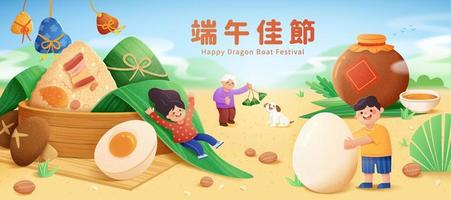 Duanwu Festival banner design with miniature Asian people celebrating the holiday around large zongzi outdoors. Translation, Happy Dragon Boat Festival vector