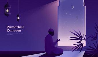 Islamic religion banner template. A Muslim man is facing the sunset and praying namaz or salah. Serene holy night background. vector