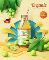 3d fresh white grape juice ad template. Glass bottle displayed on paper cut splashing shape stage with fruit decoration. vector