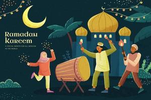 Cute Islamic holiday illustration with young children celebrating around on street in the evening. Concept of Hari Raya or Eid al-Fitr. vector