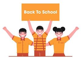 Cheerful Student Kids Showing Message Board Of Back To School On White Background. vector