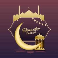 Ramadán kareem fuente en Arábica marco con silueta mezquita, 3d creciente Luna y iluminado linterna en degradado púrpura antecedentes. vector