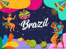 Brazil Carnival Celebration Background with Samba Dancers Enjoying and Music Instruments. vector