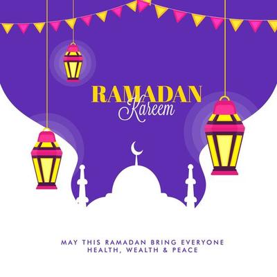 Ramadan Kareem Wishing Card or Poster Design with Hanging Illuminated Lanterns and Bunting Flag Decorated on Mosque White and Purple Background.