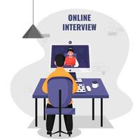 Back View Of Man Having Video Calling To Woman From Desktop At Workplace For Online Job Interview Recruitment. vector