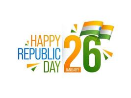 26 enero contento república día texto con ondulado indio bandera en blanco antecedentes. vector