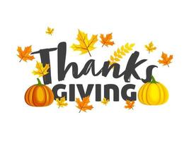 Thanksgiving Font with Pumpkins and Autumn Leaves Decorated on White Background. vector