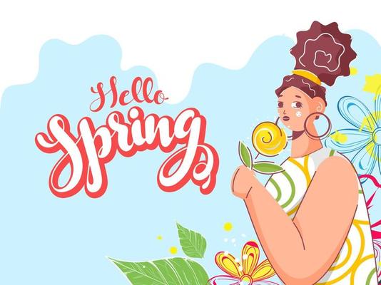 Hello Spring Font with Young Girl holding Flower and Leaves on Abstract Background.