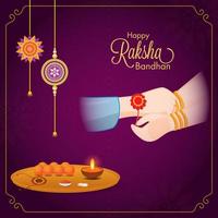 Happy Raksha Bandhan Greeting Card with Sister Hand Tying Rakhi on Her Brother Wrist and Worship Plate. vector