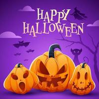 contento Víspera de Todos los Santos celebracion póster diseño con Jack-o-lanterns, de miedo gato, bruja y murciélagos volador en púrpura antecedentes. vector