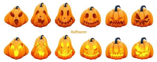 Spooky Jack-O-Lantern Set on White Background for Halloween Celebration. vector