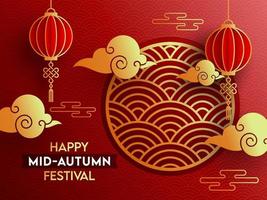 Happy Mid-Autumn Festival Poster Design with Paper Cut Chinese Lanterns Hang and Golden Clouds on Red Overlapping Semi Circle Background. vector