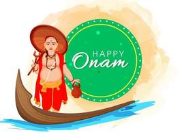 Illustration of Vamana Avatar with Aranmula Boat on River and Watercolor Splash Background for Happy Onam Festival. vector