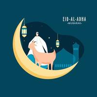 Eid al-Adha Mubarak concepto con creciente luna, musulmán hombre personaje, dibujos animados cabra y colgando linternas en turquesa color mezquita antecedentes. vector