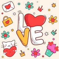 Doodle Style Love Text with Heart, Envelope, Handbag, Crown, Cupcake and Cute Cat on Background. vector