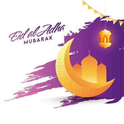 Eid-Al-Adha Mubarak Font with 3D Golden Crescent Moon, Mosque and Hanging Illuminated Lantern on Purple Brush Stroke Effect Background.