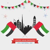 49º nacional día póster diseño con uae banderas, silueta monumentos y verderón banderas en blanco antecedentes. vector