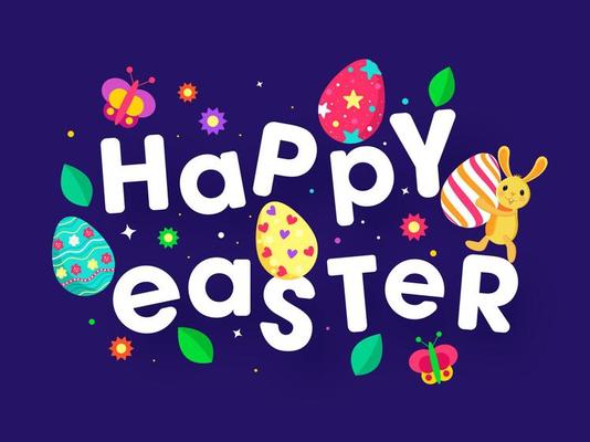 Happy Easter Text with Cartoon Bunny, Printed Eggs, Butterflies and Flowers Decorated on Purple Background.