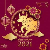 Golden 2021 Happy New Year Text with Chinese Zodiac Ox, Paper Clouds, Flowers and Hanging Lanterns on Dark Pink Background. vector