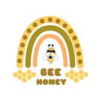 Honey rainbow element. Bee honey rainbow. Sweet bee graphic illustration. Cute honey phrase. Hand drawn sweet arch honeycomb shapes. Vector print design. Honey organic logo. Beekeeping.