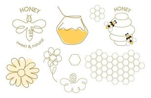 uno línea miel abeja logo colocar. soltero continuo línea dibujo íconos flores, miel abeja, abeja frasco, Colmena panal en uno continuo línea. minimalista lineal bosquejo aislado elemento. vector ilustración.