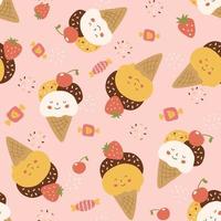 kawaii patrón, kawaii comida hielo crema cono sin costura modelo. rosado patrón, verano dulce antecedentes. linda sonriente hielo cremas, fresa, cereza, golosinas fondo de pantalla textil diseño. vector ilustración.