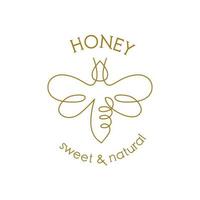 Bee one line draw. Bee one continuous line drawing logo. Honey brand identity. Gold bee icon. Farm symbol. Vector design graphic illustration. Beekeeping concept. Sweet and natural honey text.