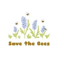 Save the Bees graphic element isolated on white. Flower on grass. Beekeeping, honey bee card. Cartoon floral border. Summer meadow flower border. Vector illustration. Plants leaves frame background.