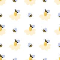 Bee flower pattern. Cute honey bee on flower, meadow floral seamless pattern. Cute cartoon flying bees summer background. Vector illustration. Cute floral pattern. Honey bumblebee childish design.