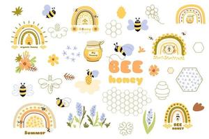 Bees set honey clipart. Hand drawn bee honey elements, one line drawing illustration. Cute yellow honey rainbow print. Vector flying honey bee. Cartoon beehive symbol, flower. Beekeper logo collection