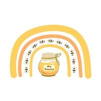 Honey pot bee rainbow element. Honey jar, bee, sweet honey beekeeping graphic element isolated. Cute bee honey organic logo. Vector illustration. Summer bee rainbow design, baby print yellow rainbow