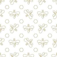 Bee one line draw pattern. Bee one continuous line drawing seamless paper. Gold honey identity background. Gold bee farm pattern. Vector design graphic illustration. Beekeeping wallpaper. Package.