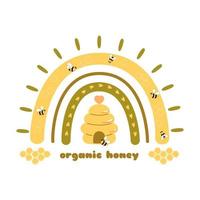 Sweet honey rainbow element. Bee honey rainbow. Sweet bee graphic illustration. Cute honey phrase. Hand drawn sweet arch honeycomb shapes. Vector print design. Honey organic logo. Beekeeping.